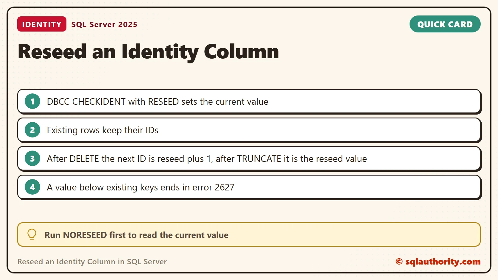 Quick reference card: Reseed an Identity Column in SQL Server: SQL in Sixty Seconds #051