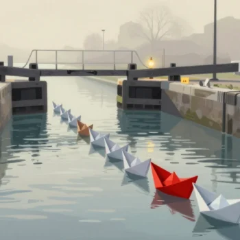 Gouache painting of a line of small paper boats waiting before a canal lock gate, the first one painted red