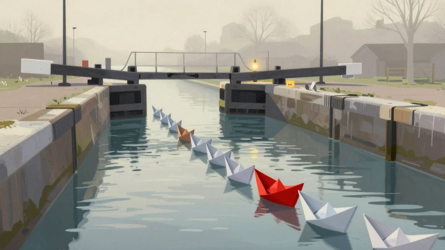 Gouache painting of a line of small paper boats waiting before a canal lock gate, the first one painted red