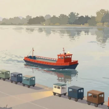 Gouache painting of a small vermilion boat on a calm river beside a row of small wooden carts waiting on the bank