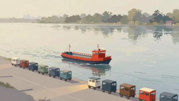 Gouache painting of a small vermilion boat on a calm river beside a row of small wooden carts waiting on the bank