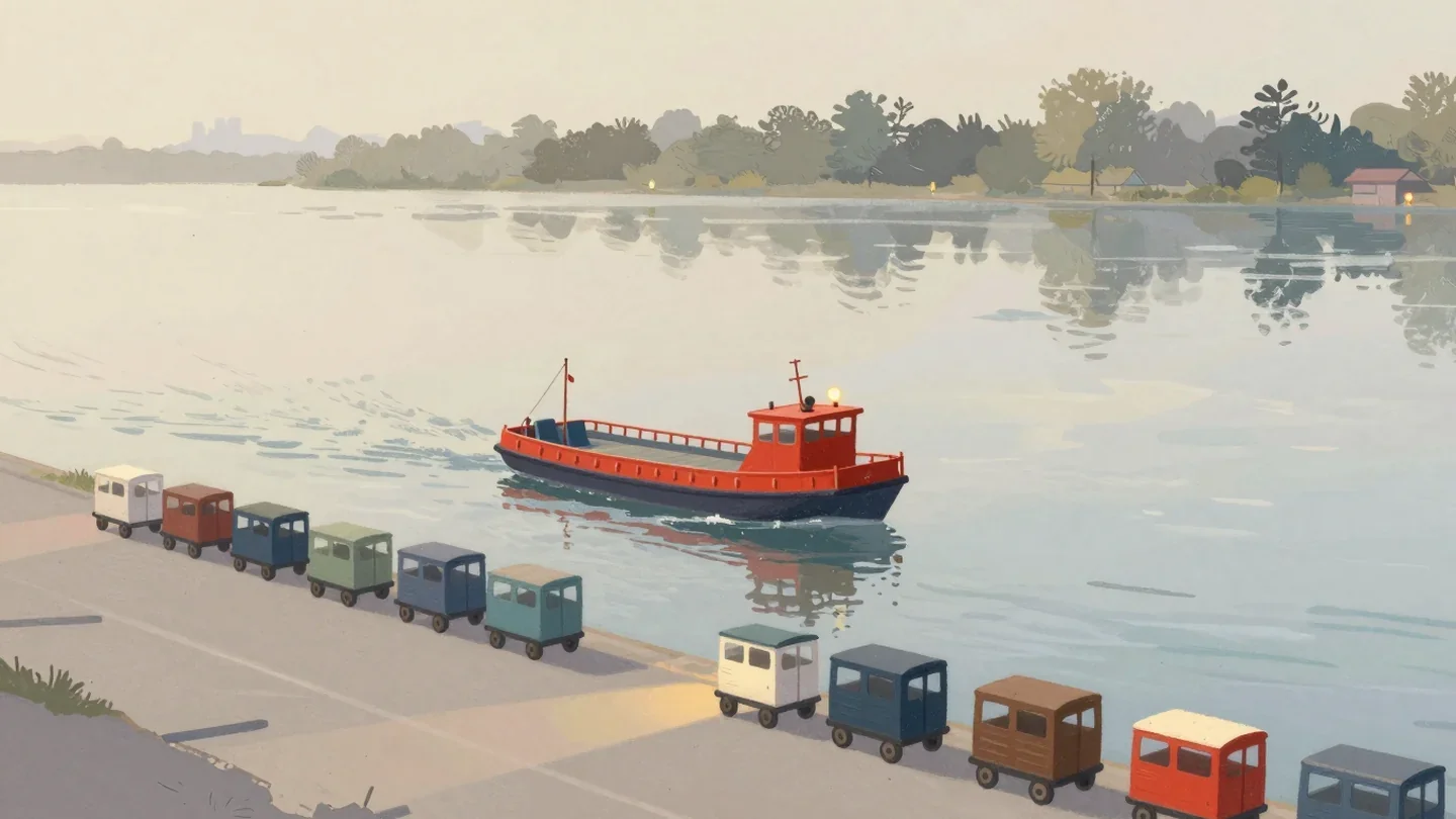 Gouache painting of a small vermilion boat on a calm river beside a row of small wooden carts waiting on the bank