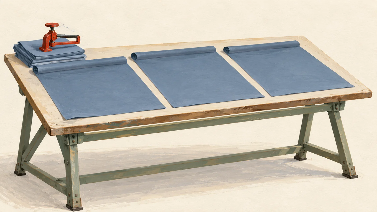 Gouache painting of the same drafting table with several blueprints unrolled flat side by side and the vermilion clamp resting on a small stack