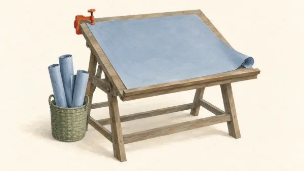 Gouache painting of a drafting table with one rolled blueprint held flat by a vermilion clamp while a basket of other rolled blueprints waits beside it