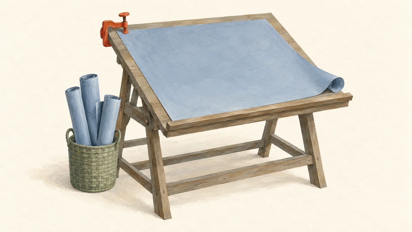 Gouache painting of a drafting table with one rolled blueprint held flat by a vermilion clamp while a basket of other rolled blueprints waits beside it