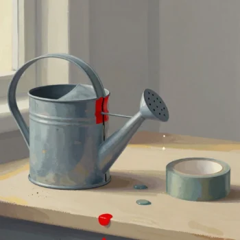 Gouache painting of a leaky tin watering can mended with a strip of vermilion tape