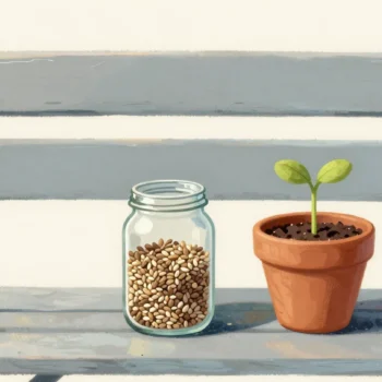 Gouache painting of a jar of saved seeds beside a small red pot with a new green sprout on a garden bench