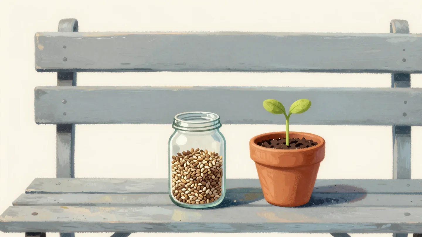 Gouache painting of a jar of saved seeds beside a small red pot with a new green sprout on a garden bench