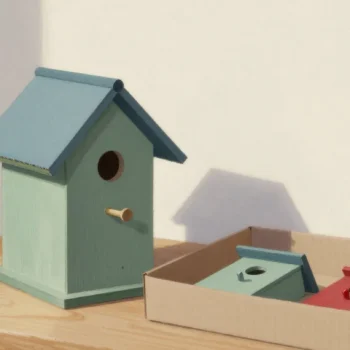 Gouache painting of a rebuilt sage green birdhouse beside an open box of neatly cut matching pieces with one red door piece