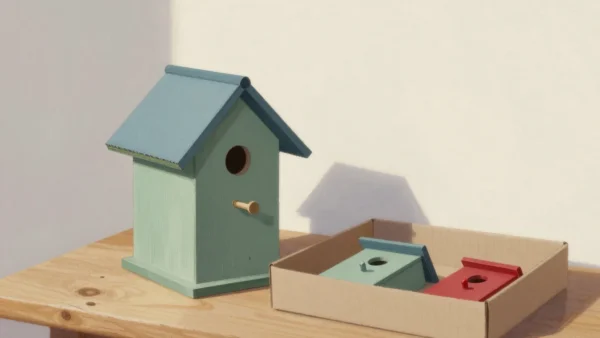 Gouache painting of a rebuilt sage green birdhouse beside an open box of neatly cut matching pieces with one red door piece