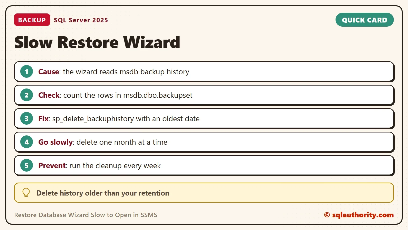 Quick card titled Slow Restore Wizard: Cause: the wizard reads msdb backup history. Check: count the rows in msdb.dbo.backupset. Fix: sp_delete_backuphistory with an oldest date. Go slowly: delete one month at a time. Prevent: run the cleanup every week. Tip: Delete history older than your retention.