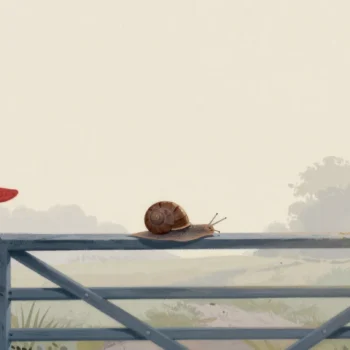 Gouache painting of a snail crossing a wooden gate with a vermilion wizard hat on the gatepost