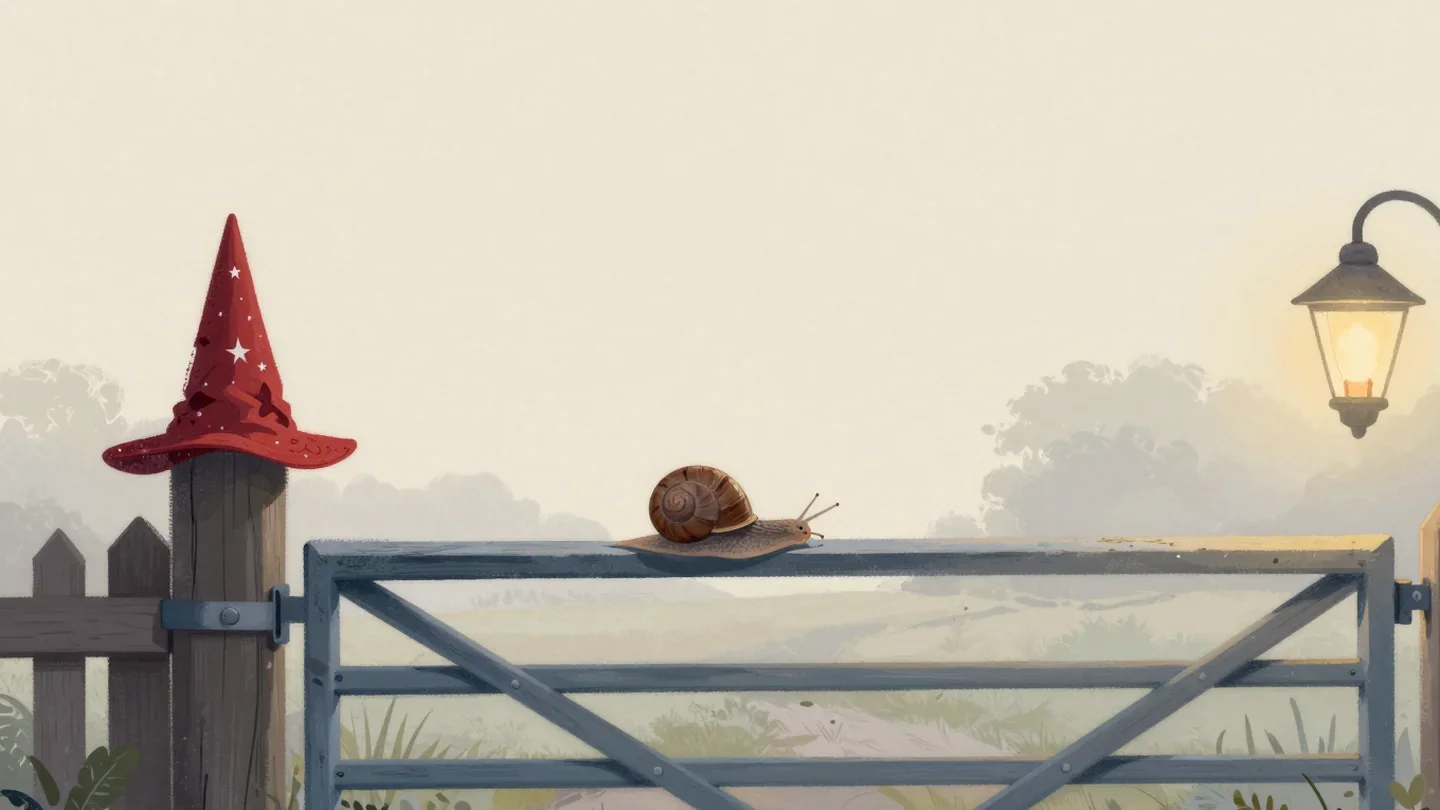 Gouache painting of a snail crossing a wooden gate with a vermilion wizard hat on the gatepost