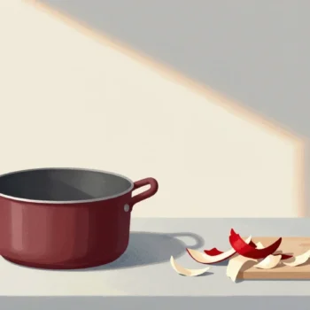 Gouache painting of a vermilion cooking pot standing empty beside a pile of vegetable peels on a cutting board