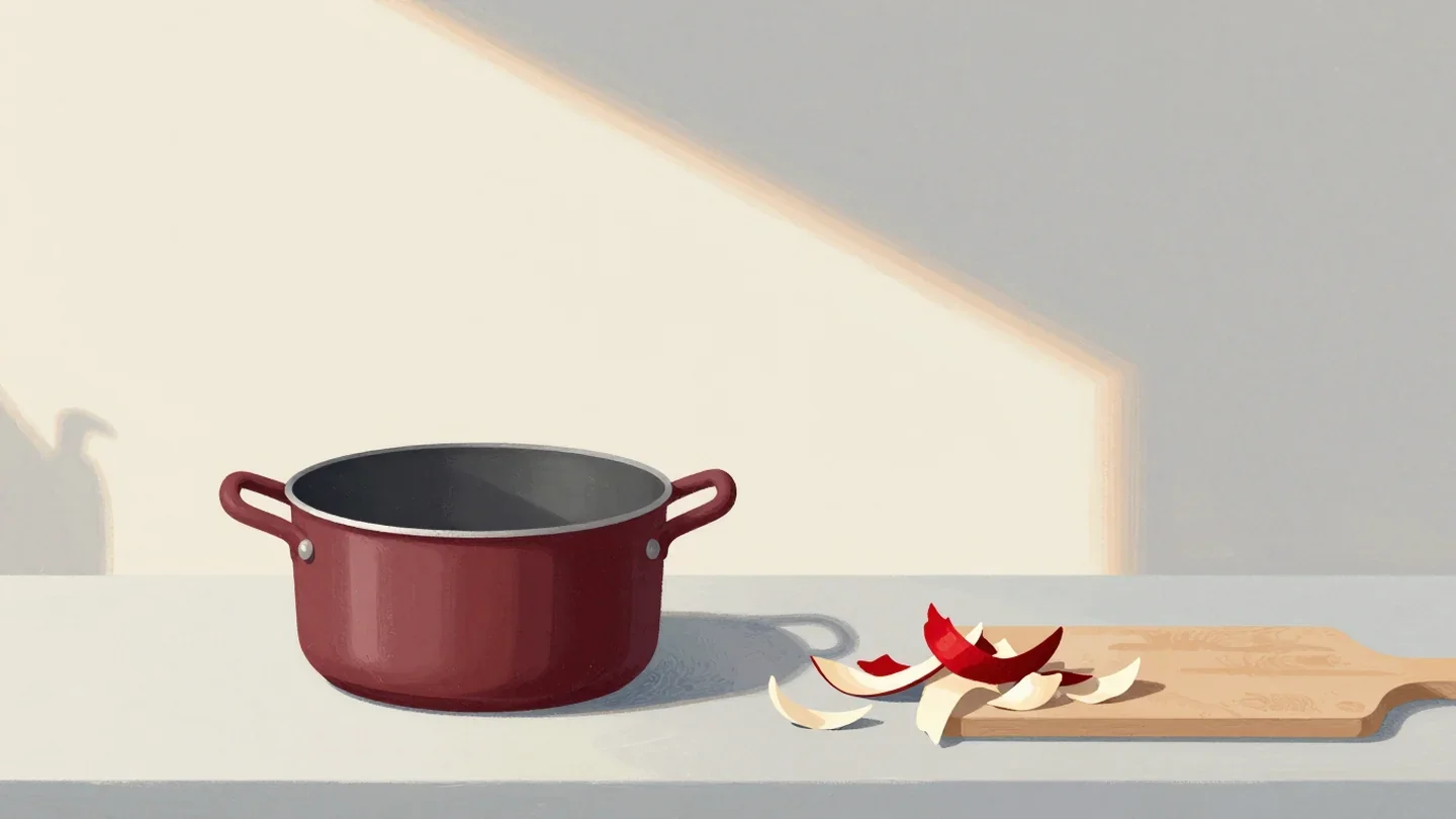 Gouache painting of a vermilion cooking pot standing empty beside a pile of vegetable peels on a cutting board