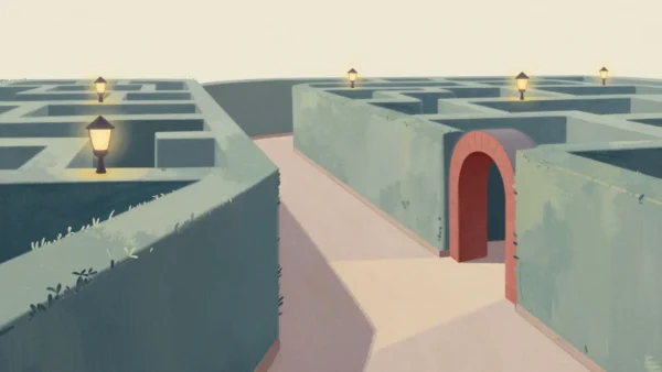 Gouache painting of a hedge maze with a long winding path and a quick exit through a vermilion arch