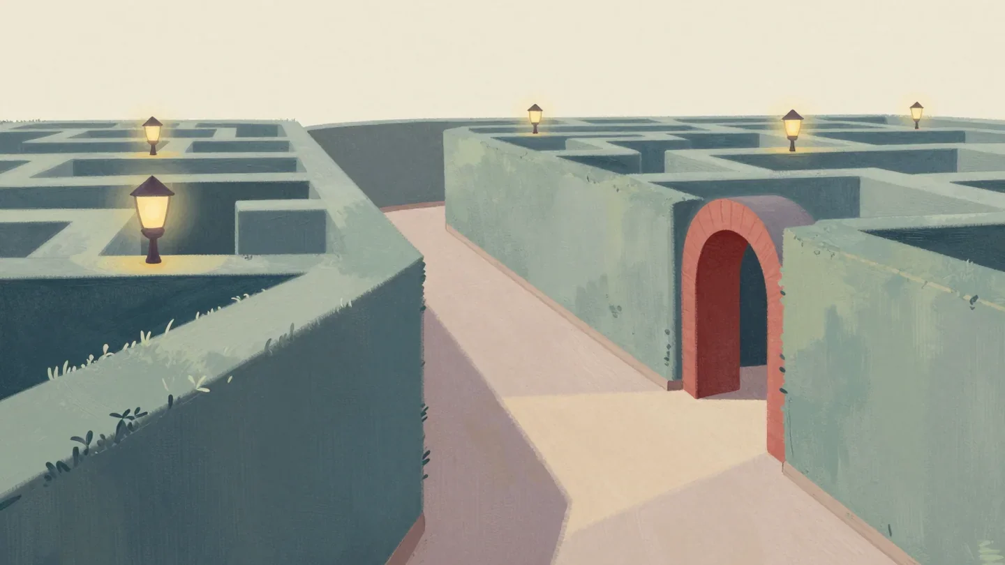 Gouache painting of a hedge maze with a long winding path and a quick exit through a vermilion arch