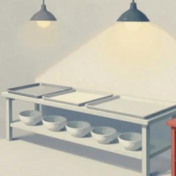 Gouache painting of a bakery bench with trays and bowls beside a small vermilion side table holding a few cookie cutters