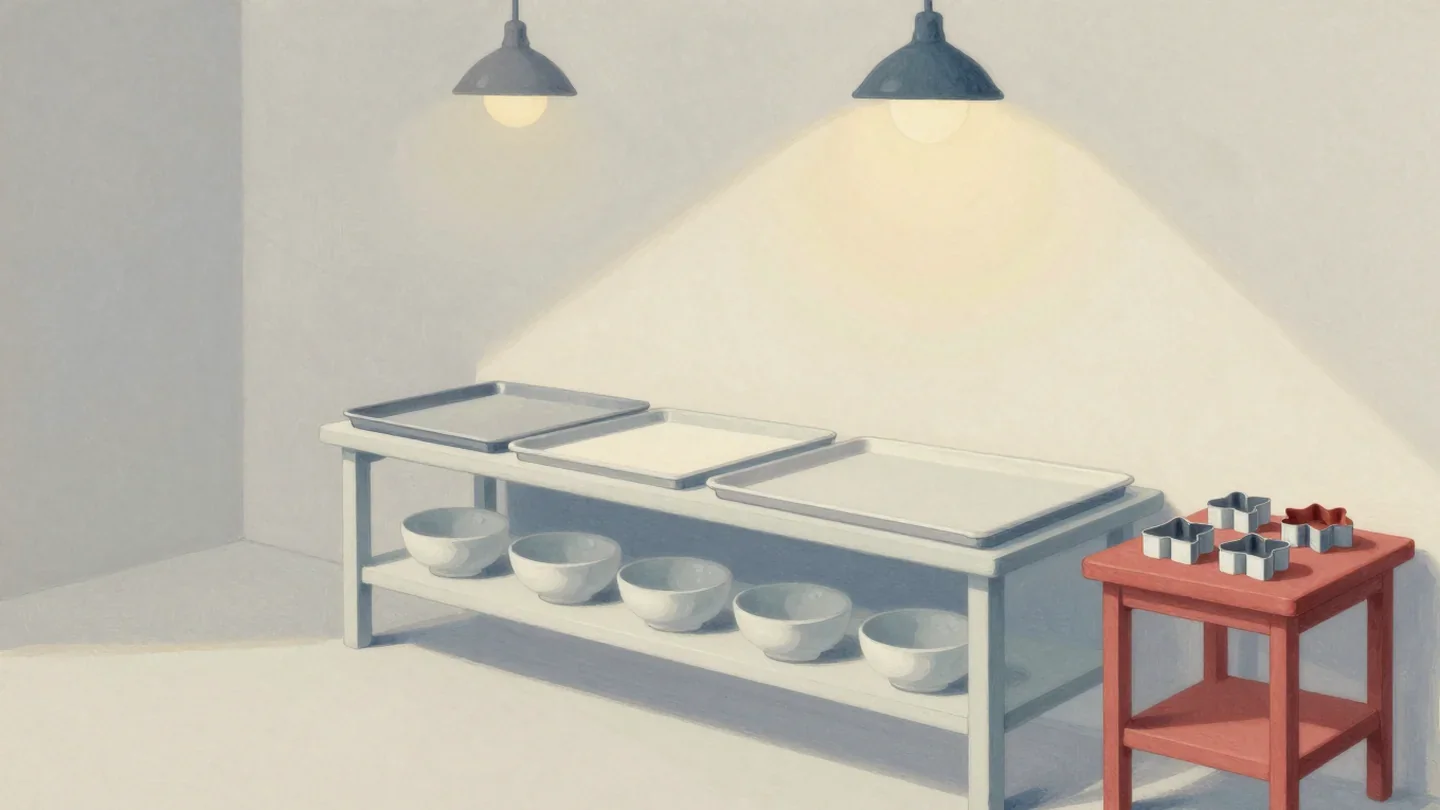 Gouache painting of a bakery bench with trays and bowls beside a small vermilion side table holding a few cookie cutters