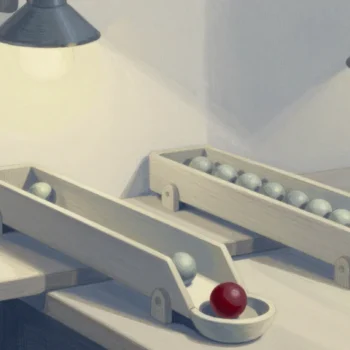 Gouache painting of two wooden chutes, one with a single vermilion marble at the bottom and one with a row of grey marbles