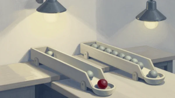 Gouache painting of two wooden chutes, one with a single vermilion marble at the bottom and one with a row of grey marbles