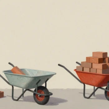 Gouache painting of two wheelbarrows by a pile of bricks, one with a single brick and one stacked full in vermilion