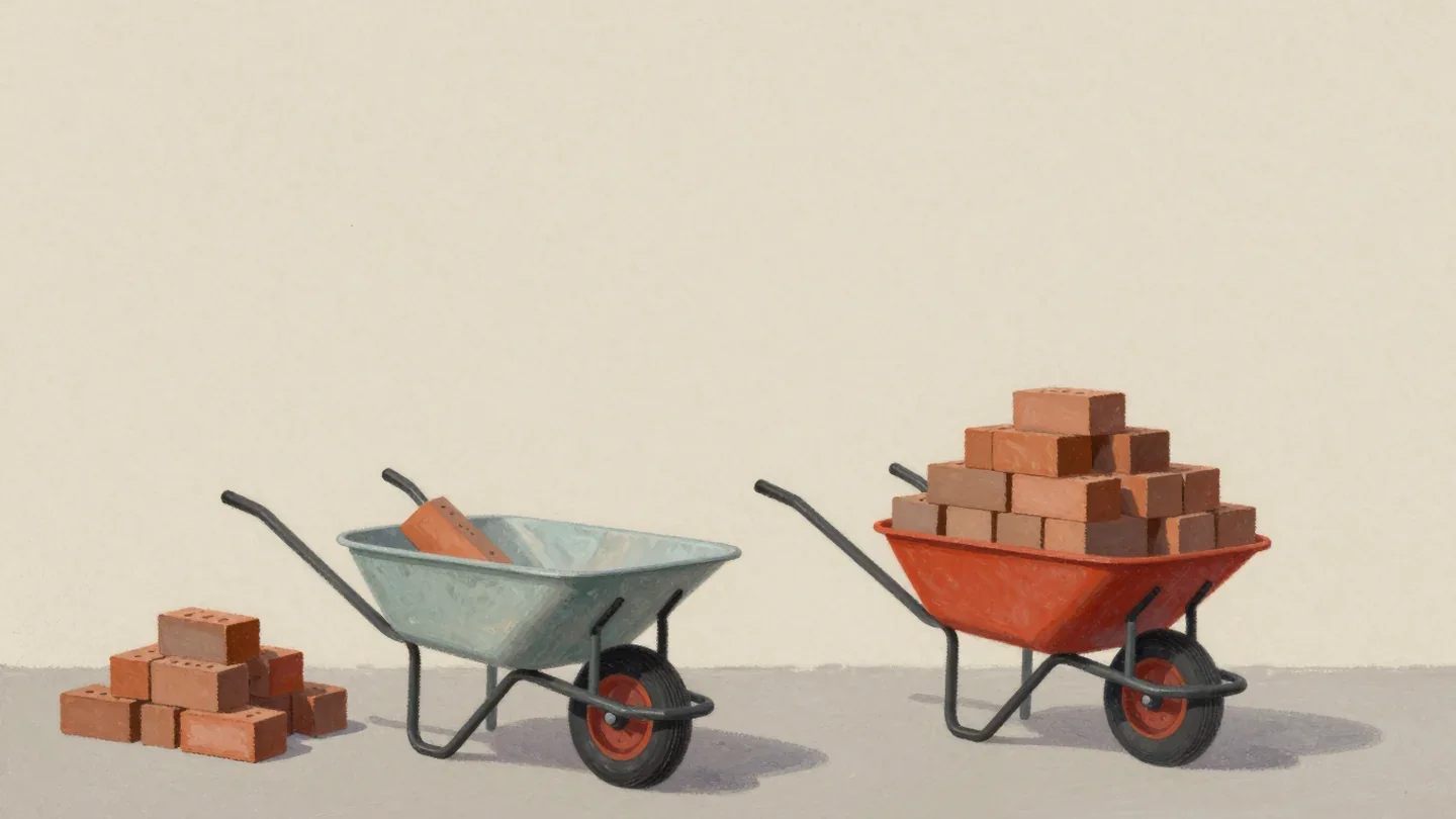 Gouache painting of two wheelbarrows by a pile of bricks, one with a single brick and one stacked full in vermilion