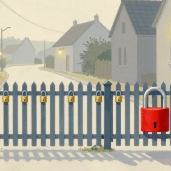 Gouache painting of a picket fence with a tiny padlock on every picket beside a gate with one big vermilion padlock