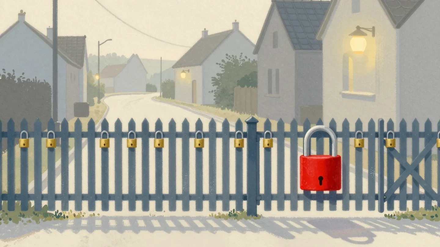 Gouache painting of a picket fence with a tiny padlock on every picket beside a gate with one big vermilion padlock
