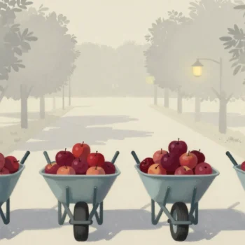 Gouache painting of four wheelbarrows of apples in an orchard with the fullest one in vermilion