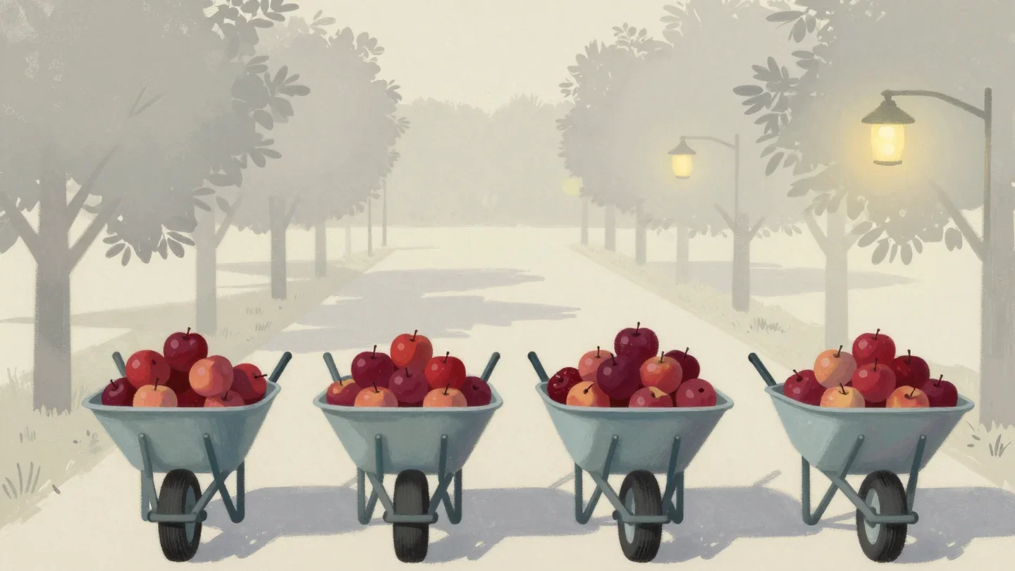 Gouache painting of four wheelbarrows of apples in an orchard with the fullest one in vermilion