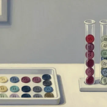 Gouache painting of a tray of mixed buttons beside four glass tubes of stacked buttons, the first tube filled with deep red buttons