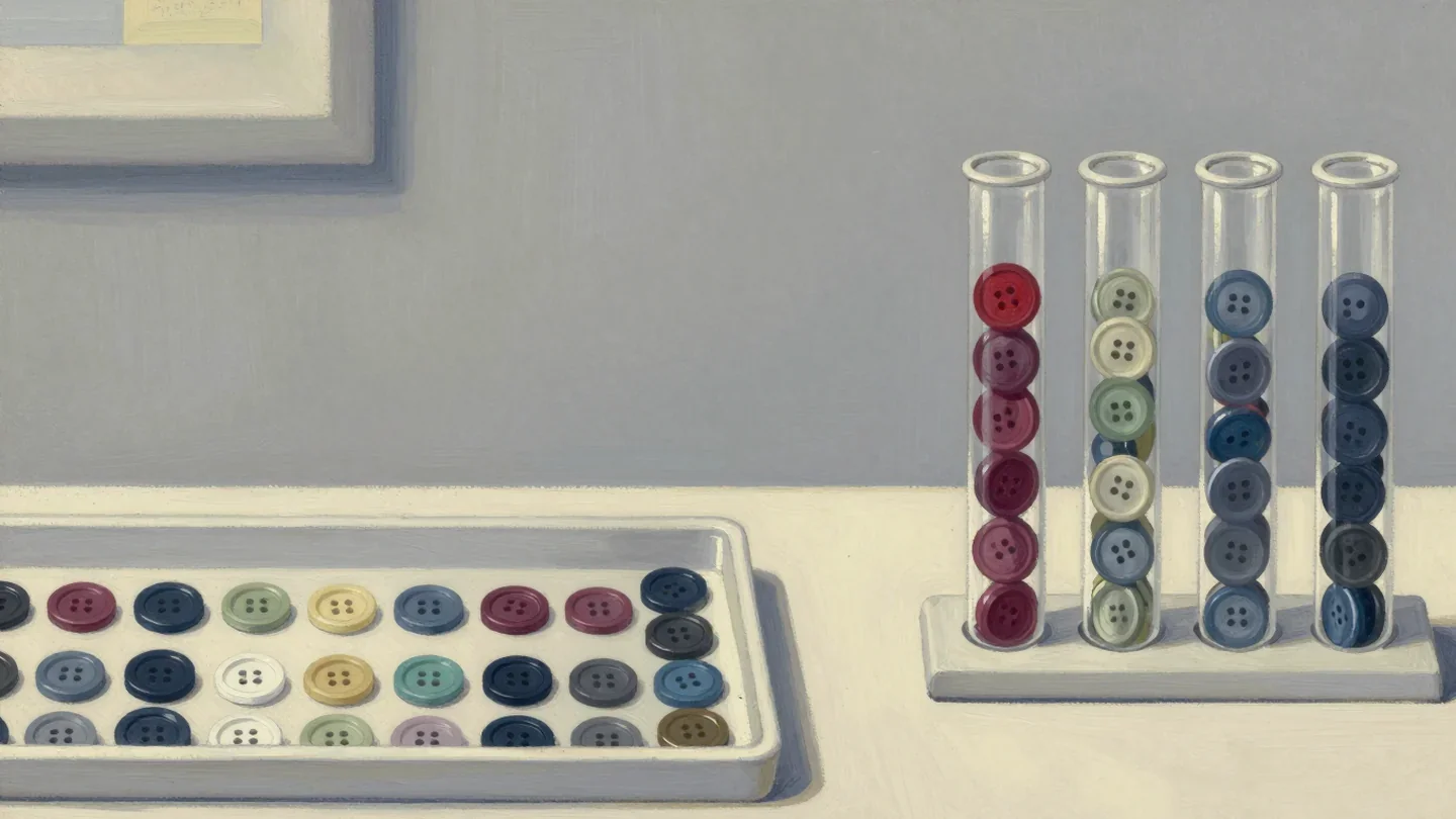 Gouache painting of a tray of mixed buttons beside four glass tubes of stacked buttons, the first tube filled with deep red buttons