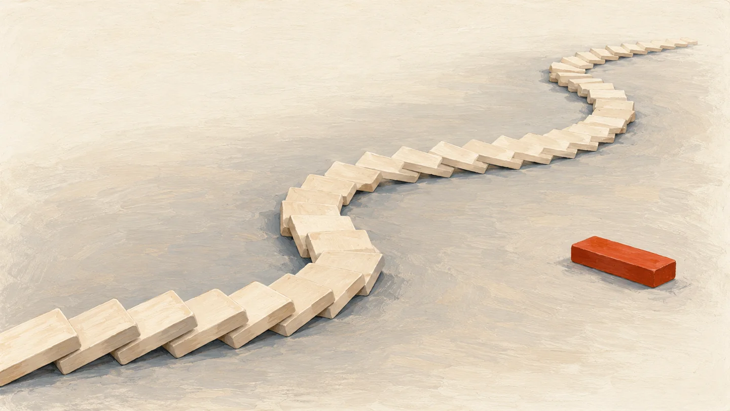 Gouache painting of the same curved line of wooden dominoes all fallen in one smooth wave, the vermilion block set aside