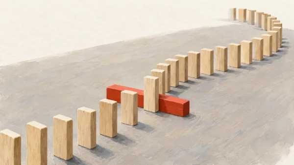 Gouache painting of a curved line of wooden dominoes on a table with a single vermilion block lying across their path