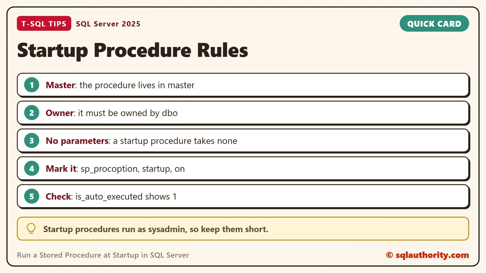 Quick card titled Startup Procedure Rules: Master: the procedure lives in master. Owner: it must be owned by dbo. No parameters: a startup procedure takes none. Mark it: sp_procoption, startup, on. Check: is_auto_executed shows 1. Tip: Startup procedures run as sysadmin, so keep them short.