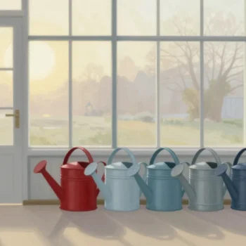 Gouache painting of a line of watering cans by a greenhouse door, the first one vermilion