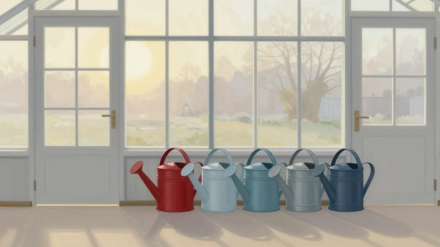 Gouache painting of a line of watering cans by a greenhouse door, the first one vermilion