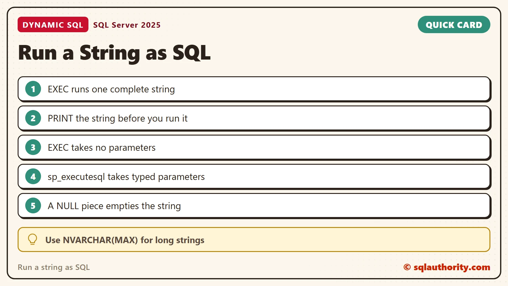 Quick reference card: Run a string as SQL