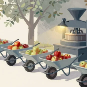 Gouache painting of wheelbarrows of apples waiting in line at one apple press with the first barrow in vermilion