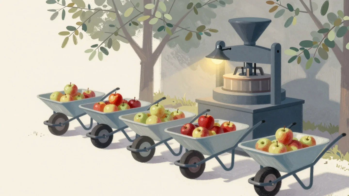 Gouache painting of wheelbarrows of apples waiting in line at one apple press with the first barrow in vermilion
