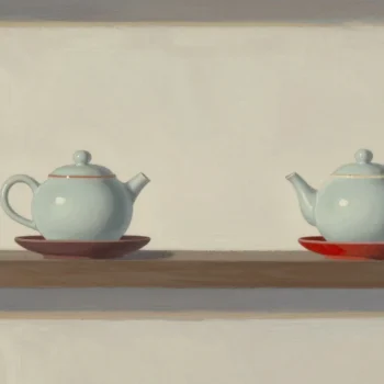 Gouache painting of two identical teapots on separate shelves, one on a vermilion saucer