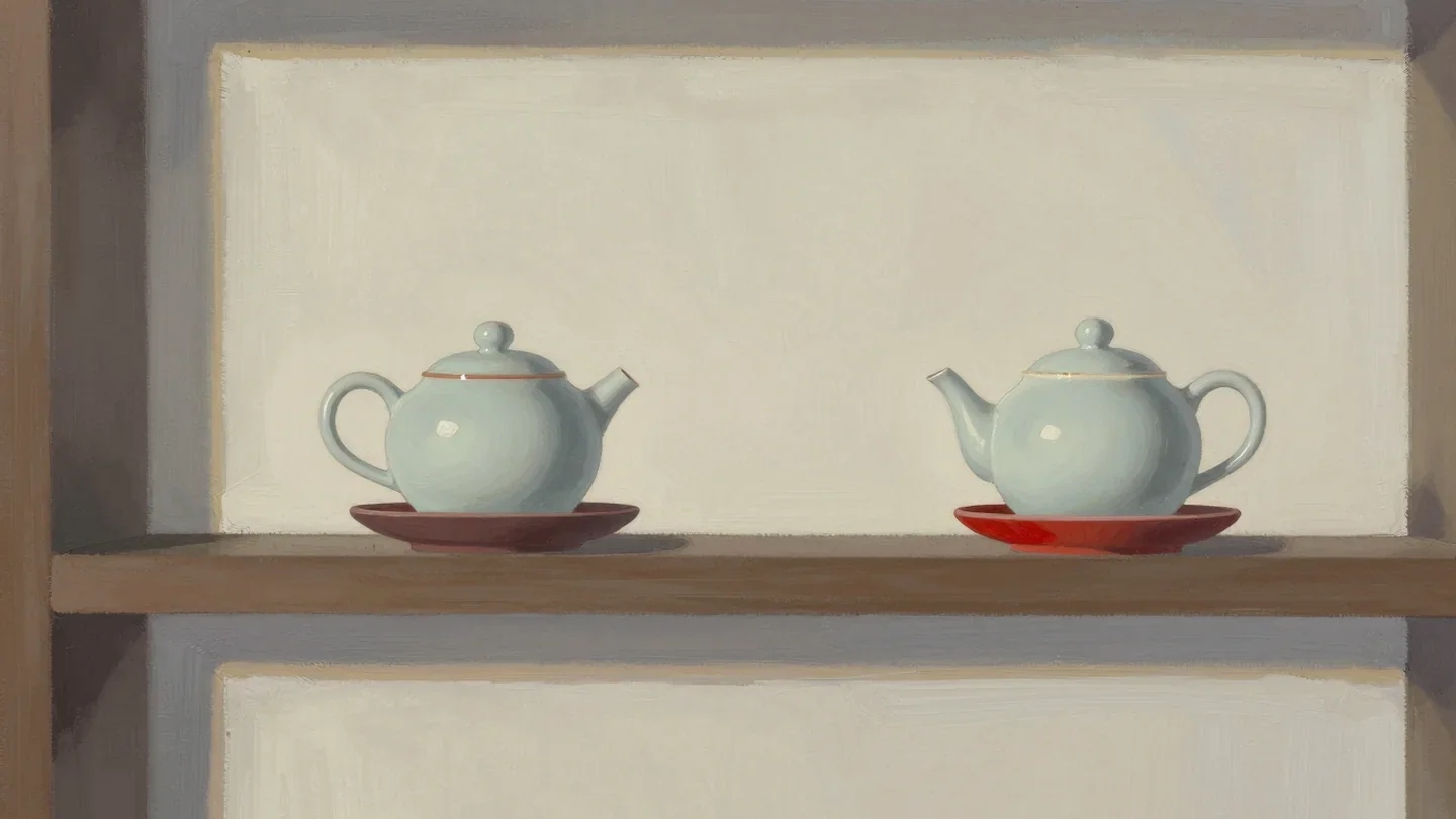 Gouache painting of two identical teapots on separate shelves, one on a vermilion saucer