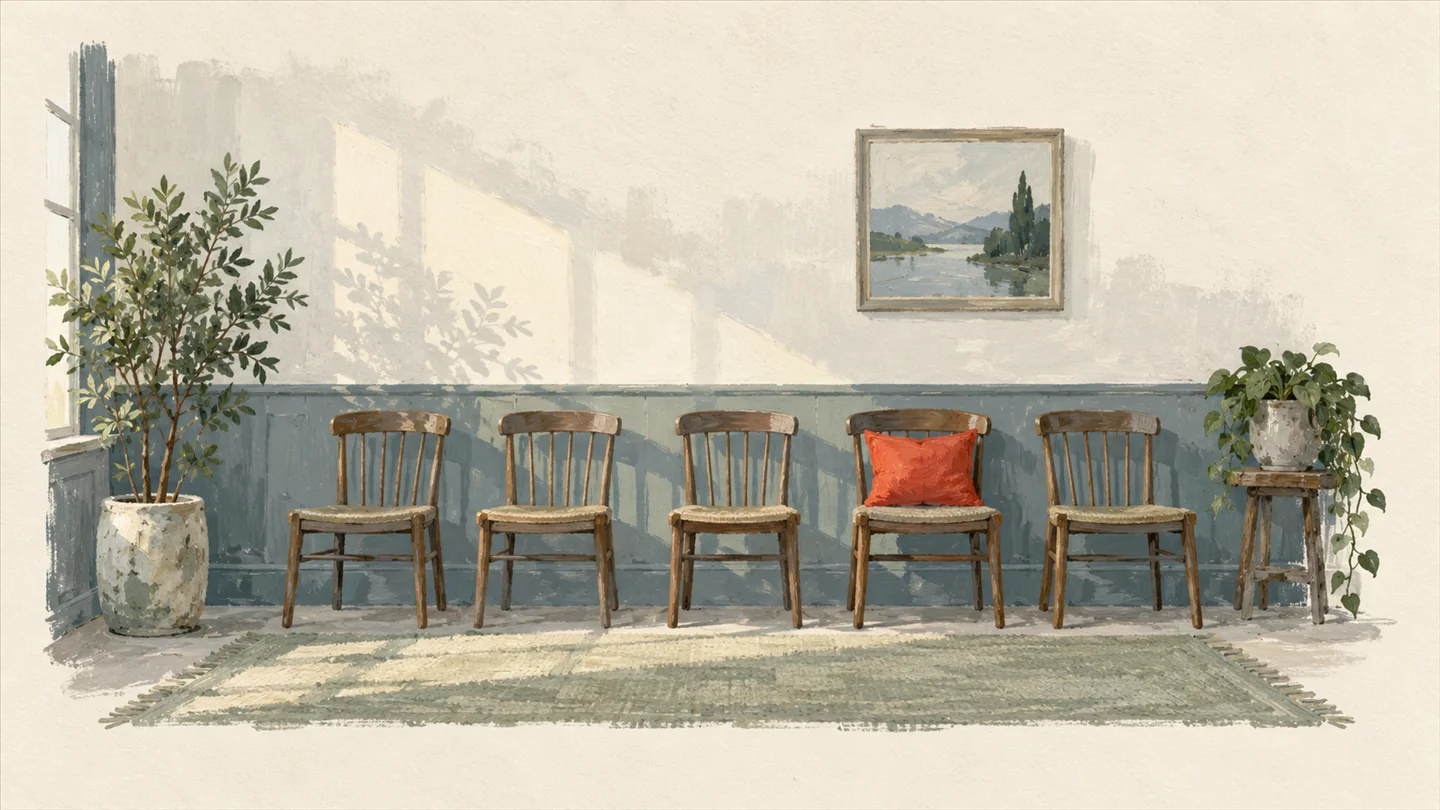 Gouache painting of a quiet waiting room with a row of empty wooden chairs along a warm grey wall, one chair carrying a vermilion cushion