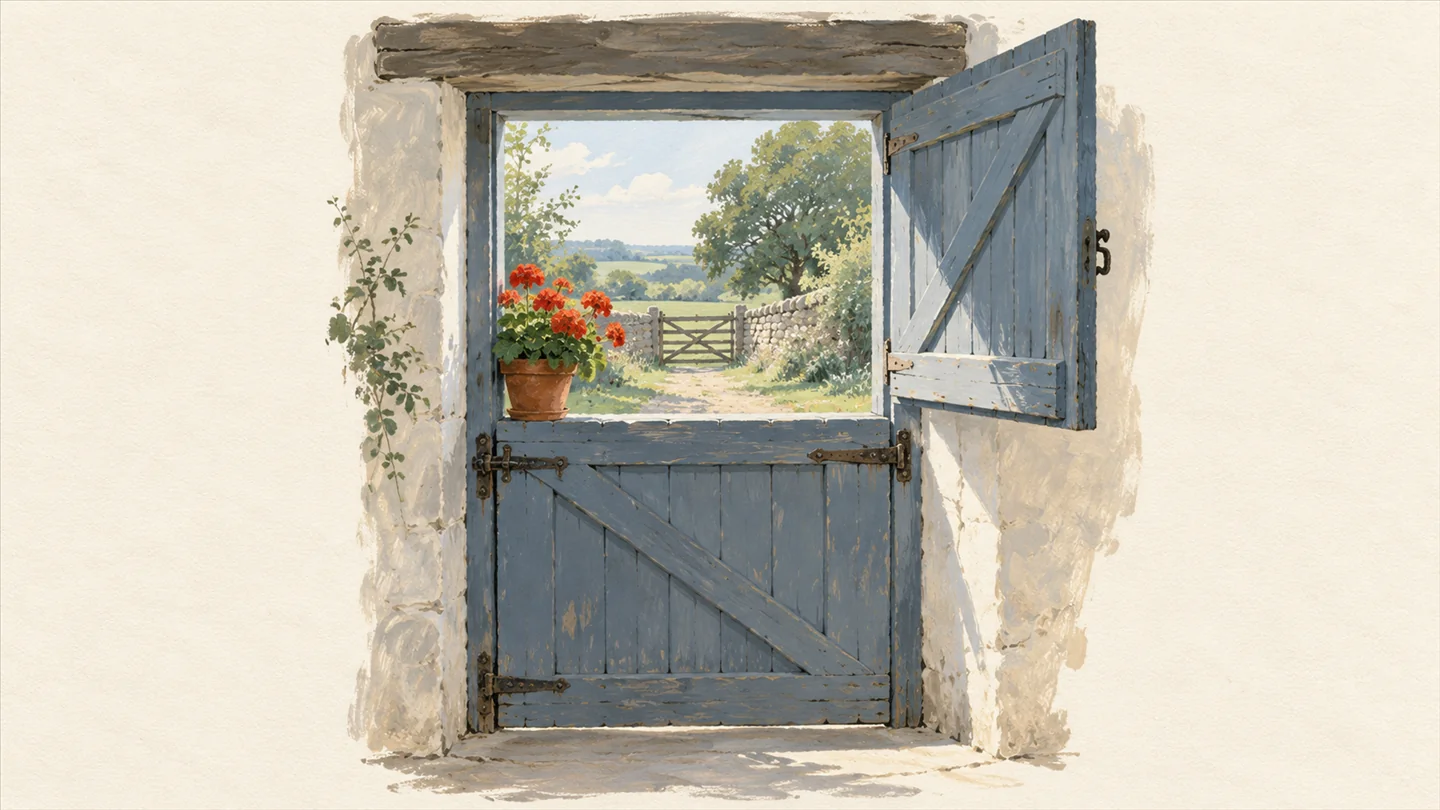 Gouache painting of a stable door with its top half open and its bottom half closed, a sage-green yard visible beyond and a pot of vermilion geraniums on the lower ledge