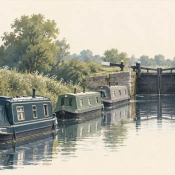 Gouache painting of a canal lock with its far gate closed and three narrow boats waiting in calm water in a line, slate blue and sage green, with a vermilion lantern on the lead boat