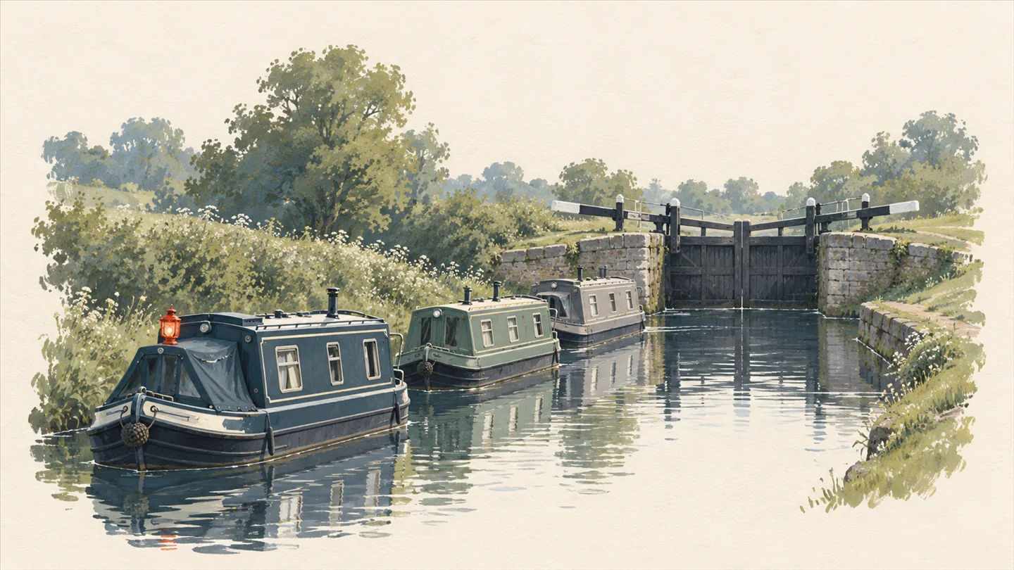 Gouache painting of a canal lock with its far gate closed and three narrow boats waiting in calm water in a line, slate blue and sage green, with a vermilion lantern on the lead boat