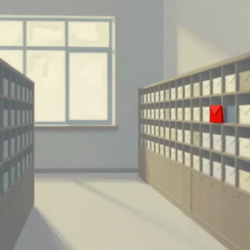 Gouache painting of a wall of wooden cubbies holding envelopes, with one vermilion envelope in one cubby