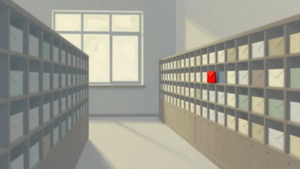 Gouache painting of a wall of wooden cubbies holding envelopes, with one vermilion envelope in one cubby