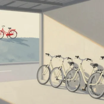 Gouache painting of a row of cream bicycles in a shed and one distant vermilion bicycle alone on a hilltop path